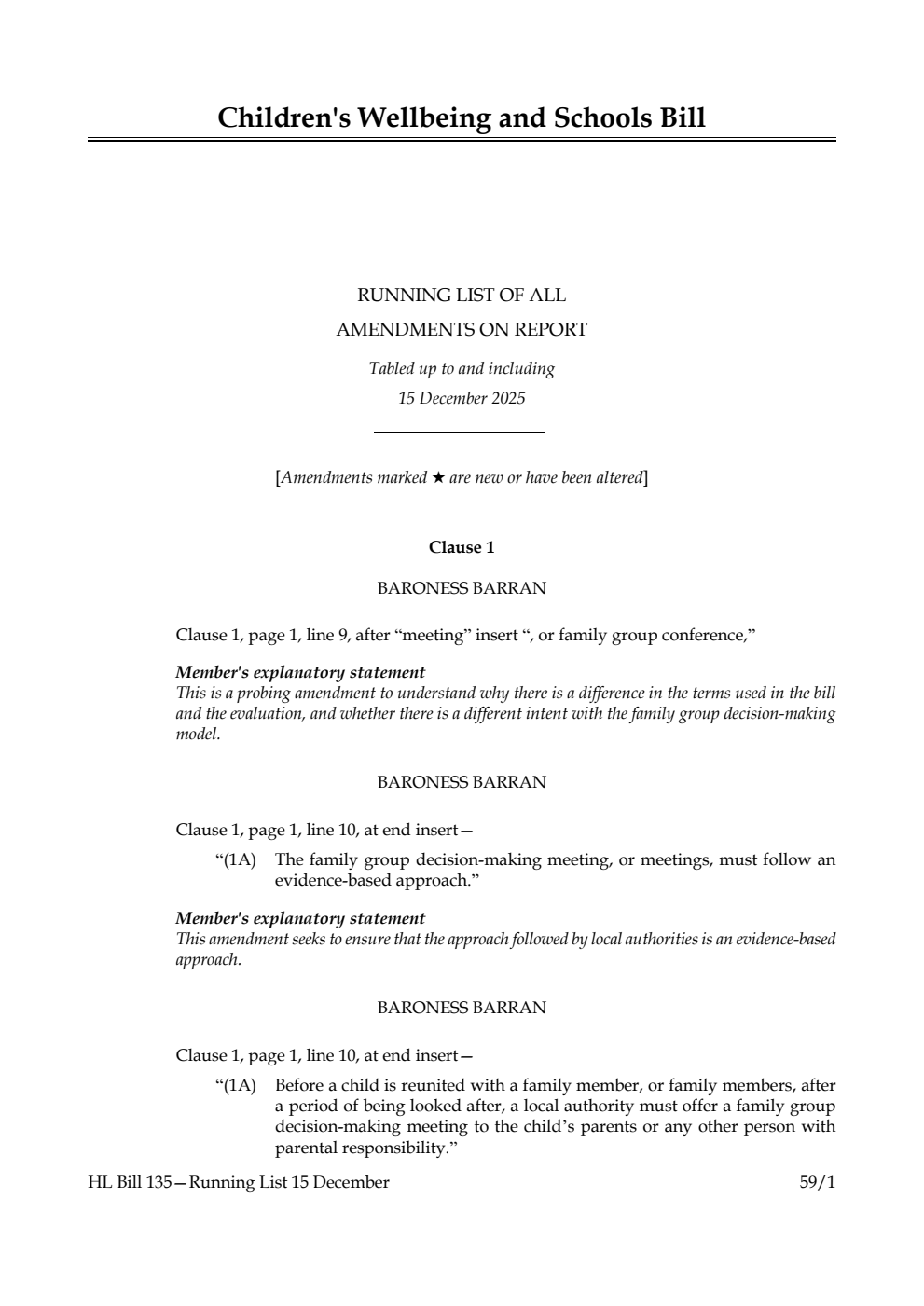 Children's Wellbeing and Schools Bill Running List of all amendments on report tabled up to and including 15 December 2025