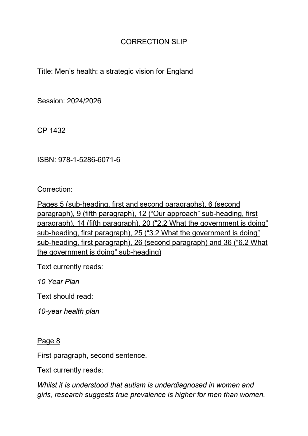 Men’s health: a strategic vision for England. Correction Slip, December 2025