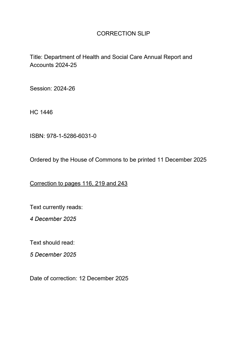 Department of Health and Social Care Annual Report and Accounts 2024-25 for the year ended 31 March 2025. Correction Slip, December 2025