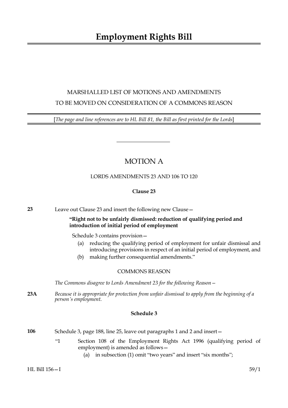 Employment Rights Bill Marshalled List of motions and amendments to be moved on consideration of a Commons reason