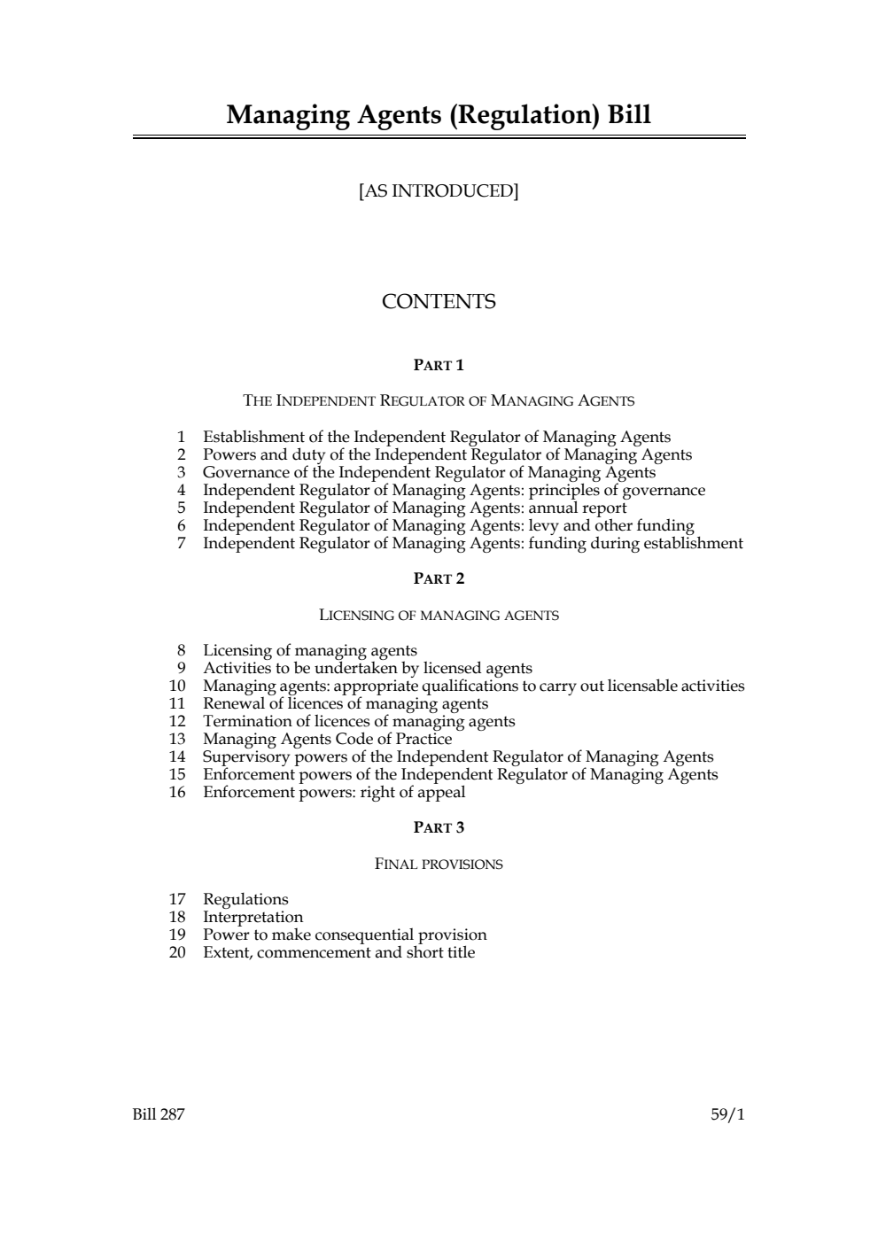 Managing Agents (Regulation) Bill