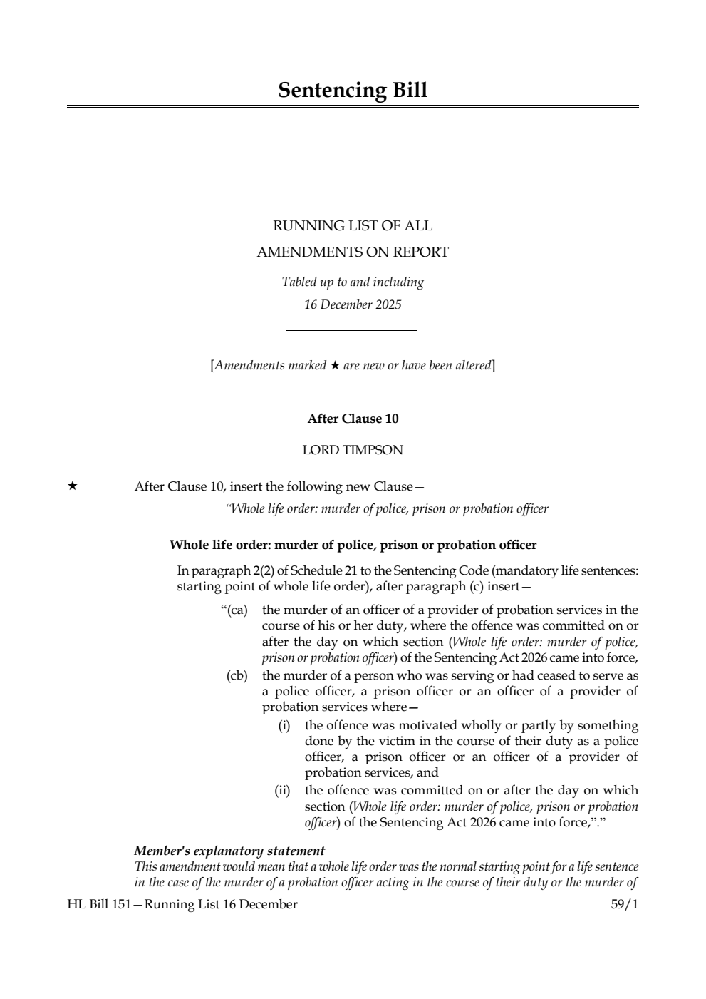 Sentencing Bill Running List of all amendments on report tabled up to and including 16 December 2025