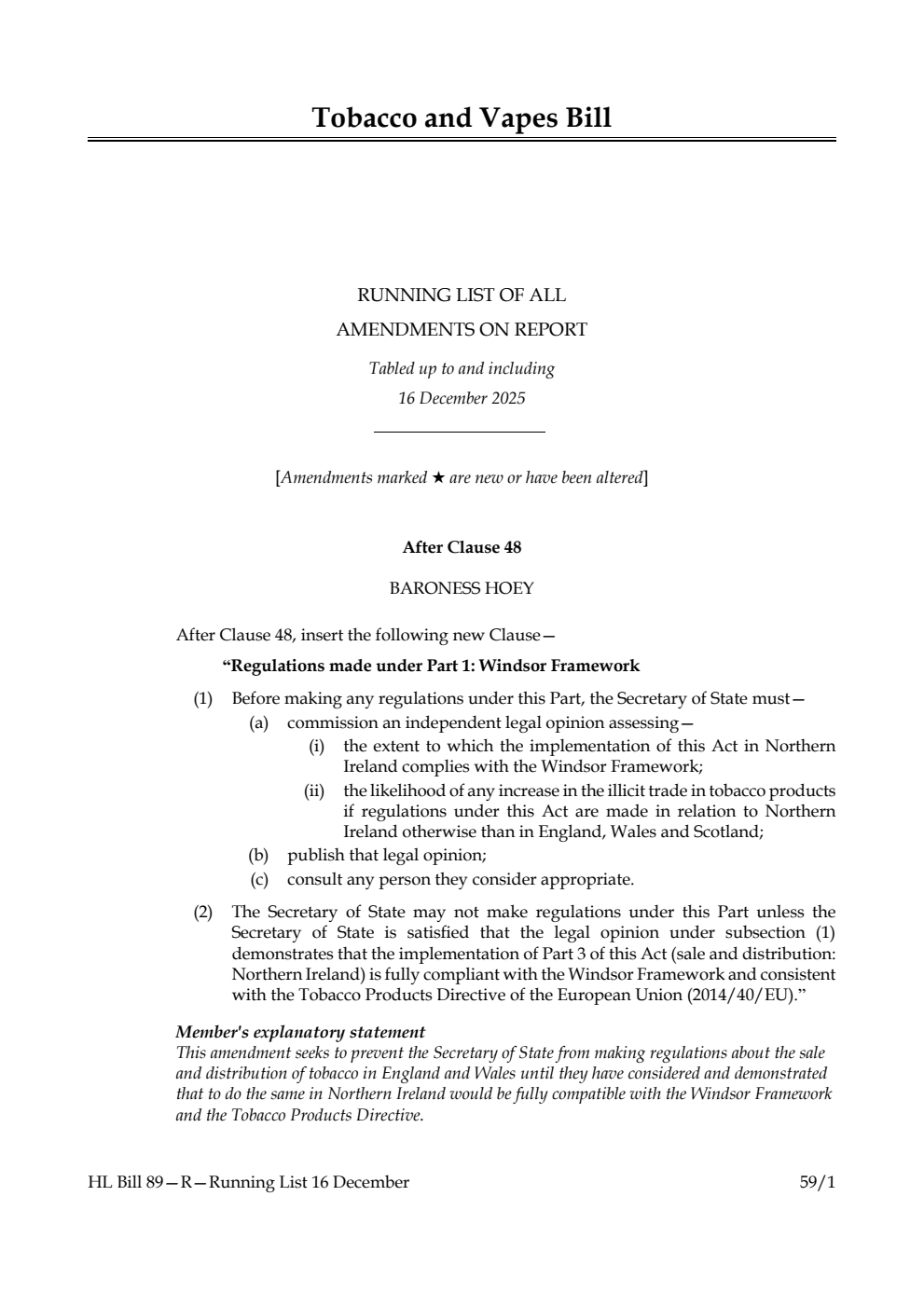 Tobacco and Vapes Bill Running List of all amendments on report tabled up to and including 16 December 2025