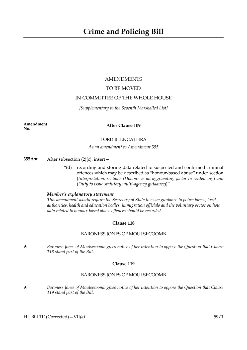 Crime and Policing Bill Amendments to be moved in Committee of the Whole House [Supplementary to the Seventh Marshalled List]
