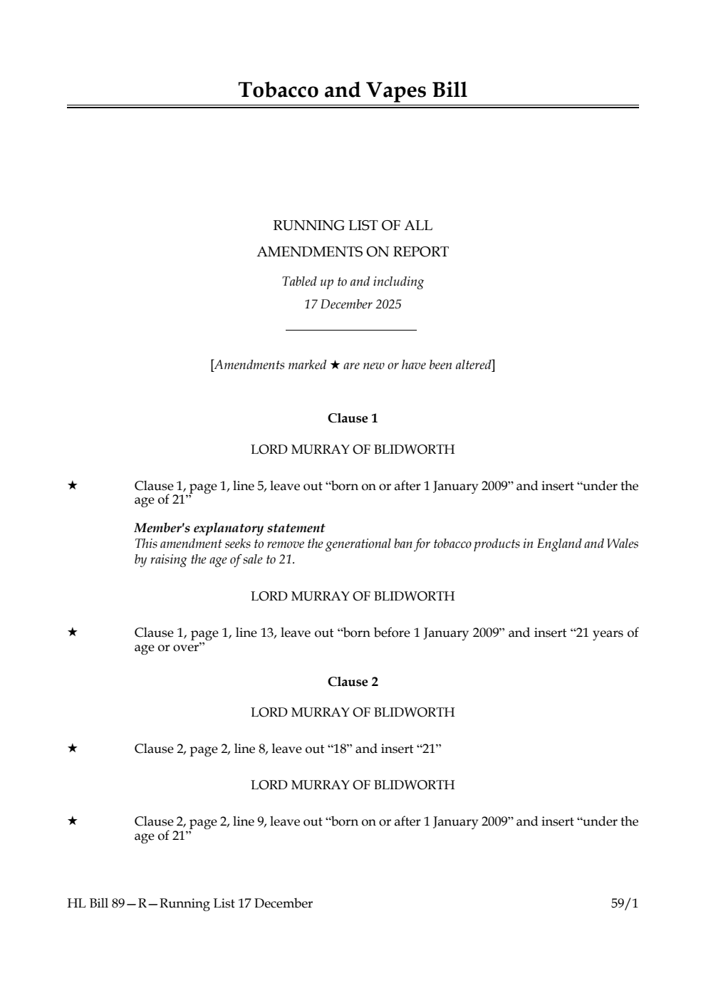 Tobacco and Vapes Bill Running List of all amendments on report tabled up to and including 17 December 2025
