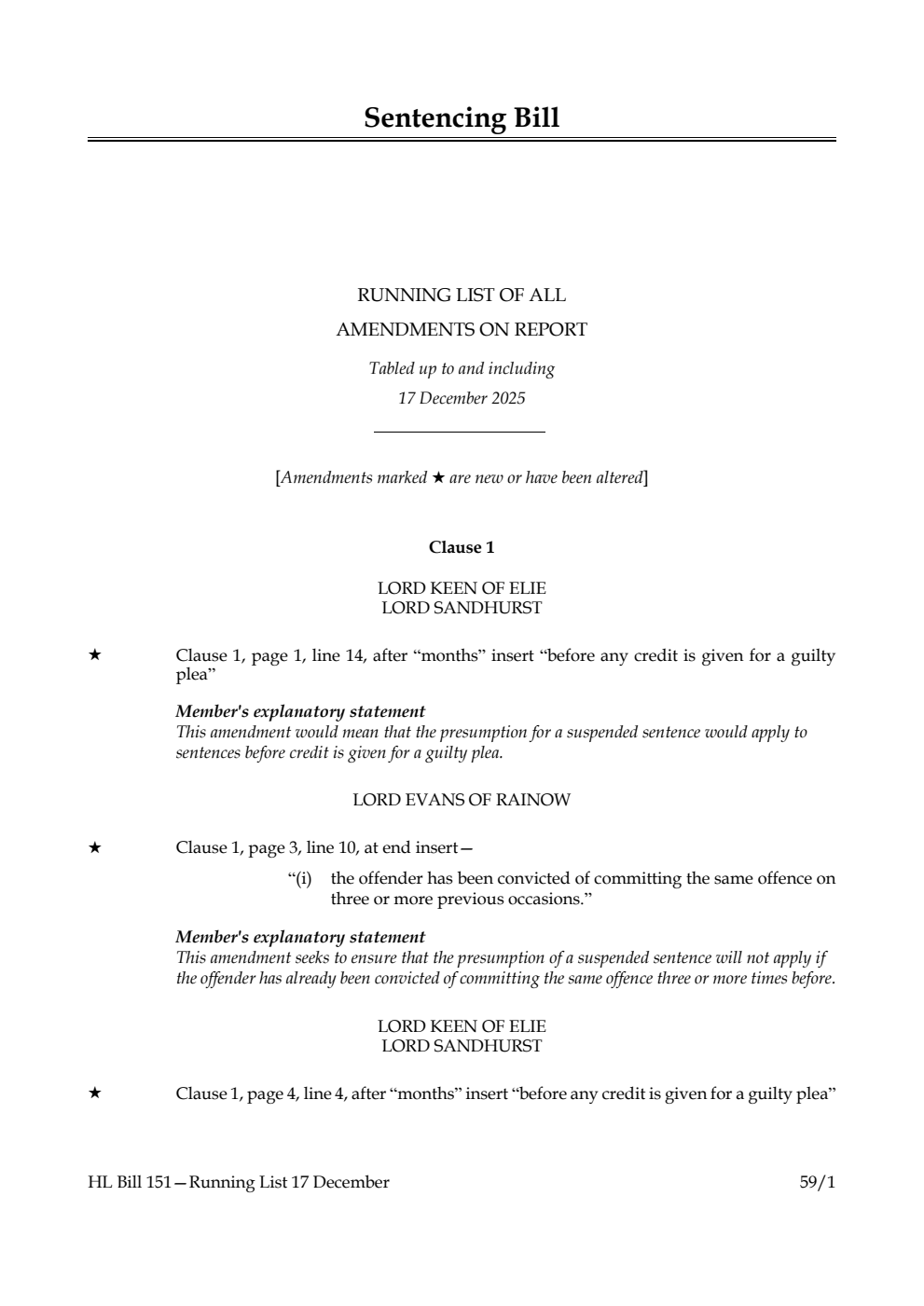 Sentencing Bill Running List of all amendments on report tabled up to and including 17 December 2025
