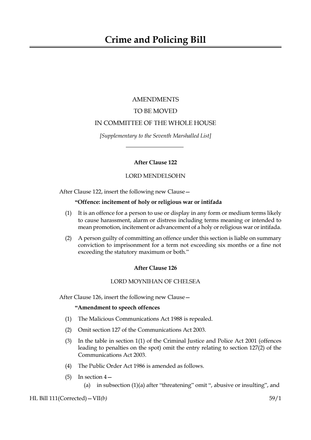 Crime and Policing Bill Amendments to be moved in Committee of the Whole House [Supplementary to the Seventh Marshalled List] 
