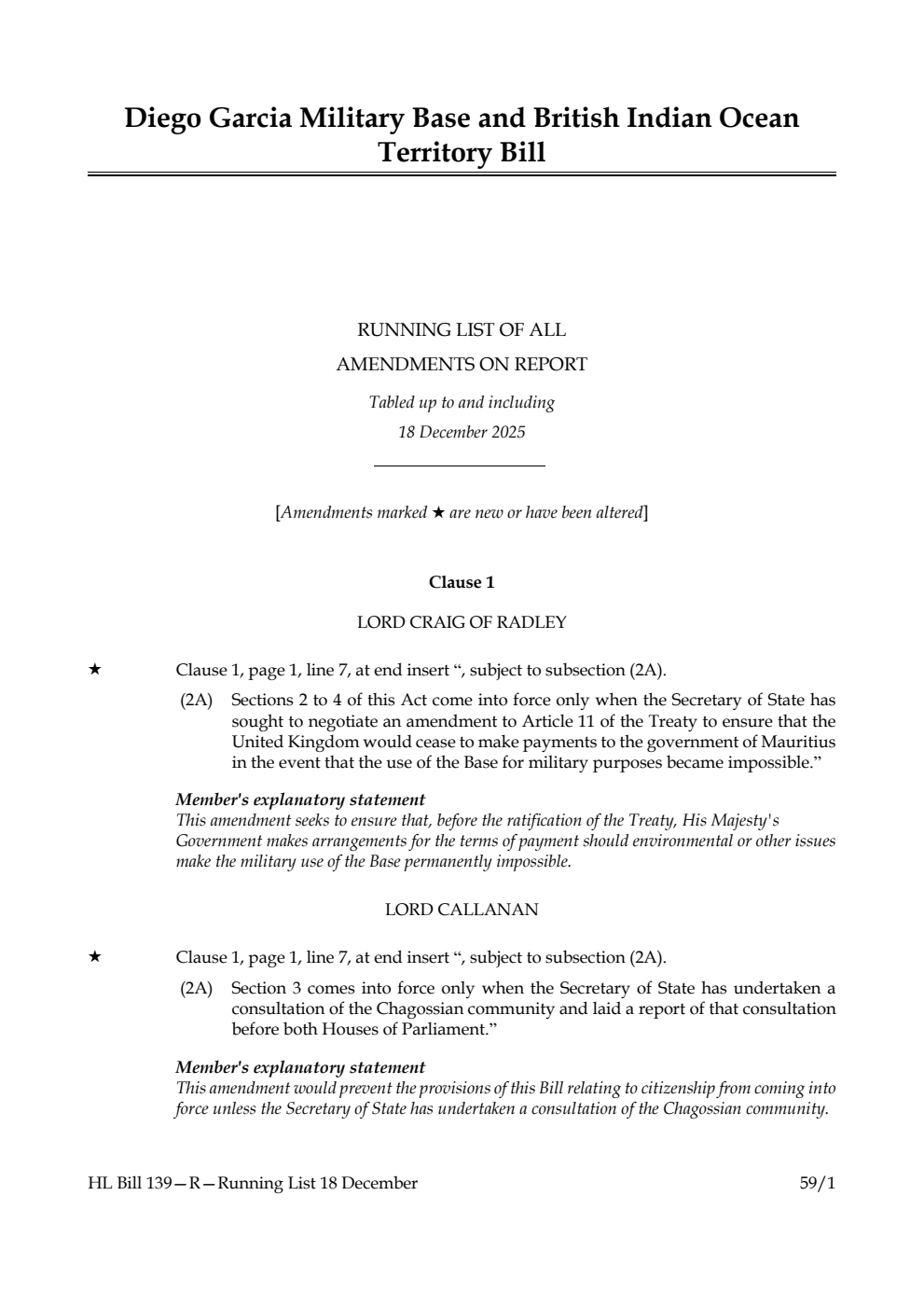 Diego Garcia Military Base and British Indian Ocean Territory Bill Running List of all amendments on report tabled up to and including 18 December 2025