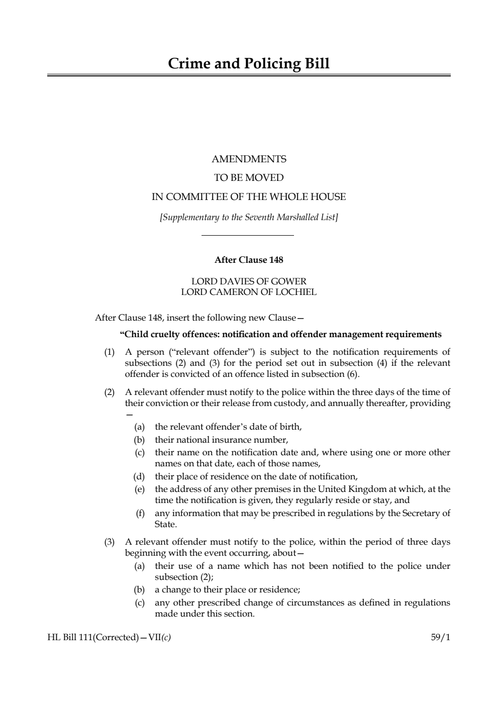 Crime and Policing Bill Amendments to be moved in Committee of the Whole House [Supplementary to the Seventh Marshalled List] 