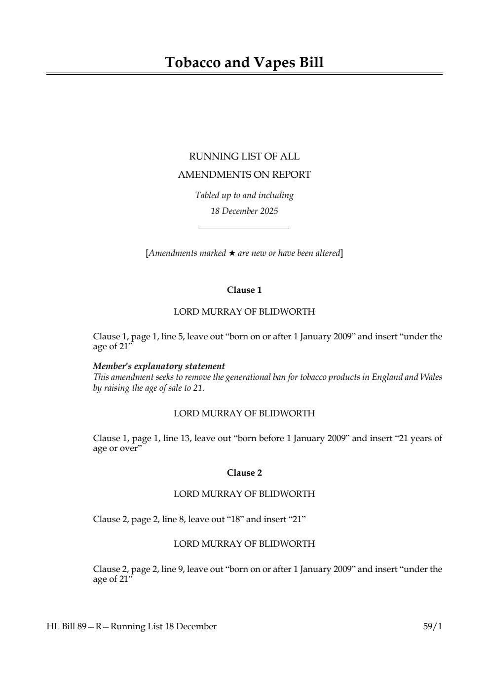 Tobacco and Vapes Bill Running List of all amendments on report tabled up to and including 18 December 2025