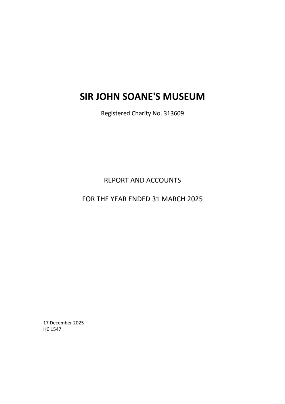 Sir John Soane's Museum Report and Accounts for the year ended to 31 March 2025