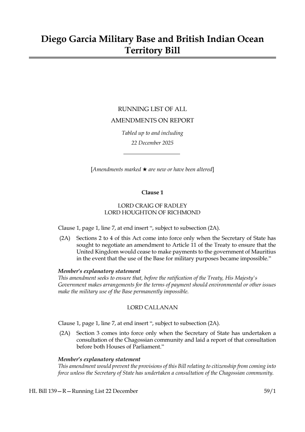 Diego Garcia Military Base and British Indian Ocean Territory Bill Running List of all amendments on report tabled up to and including 22 December 2025