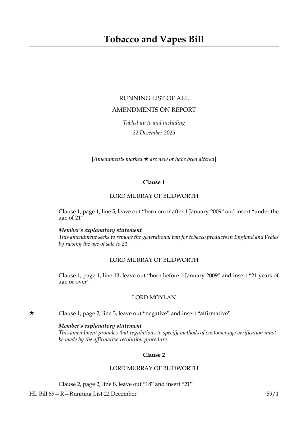 Tobacco and Vapes Bill Running List of all amendments on report tabled up to and including 22 December 2025