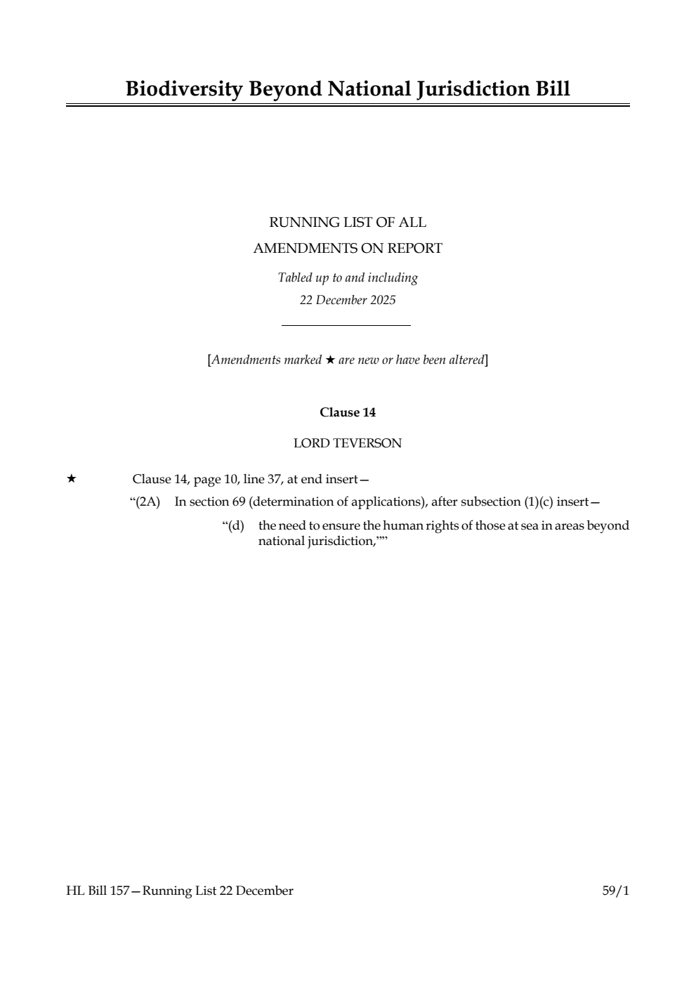 Biodiversity Beyond National Jurisdiction Bill Running List of all amendments on report tabled up to and including 22 December 2025