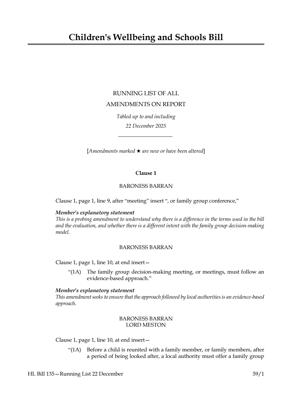 Children's Wellbeing and Schools Bill Running List of all amendments on report tabled up to and including 22 December 2025