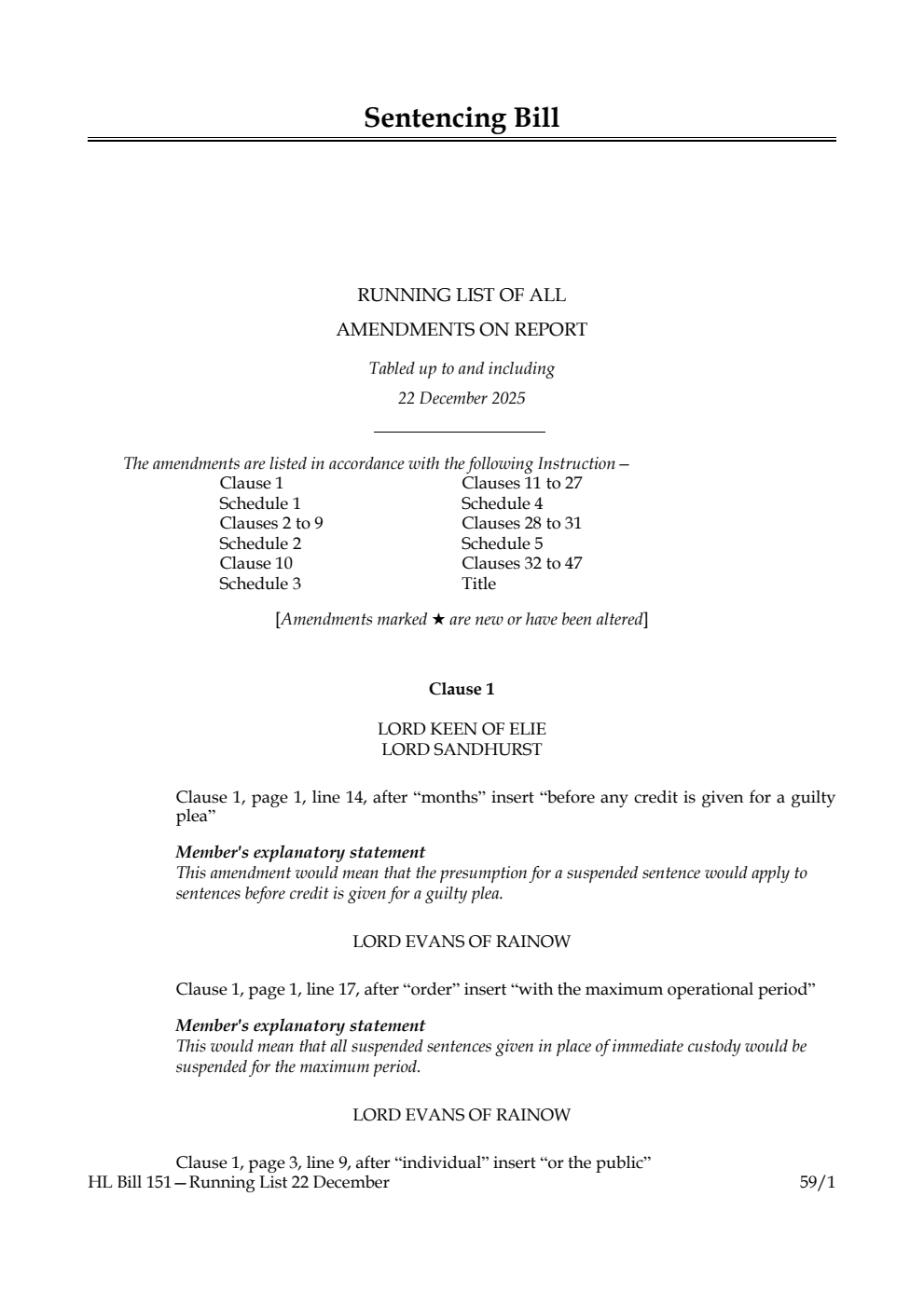 Sentencing Bill Running List of all amendments on report tabled up to and including 22 December 2025