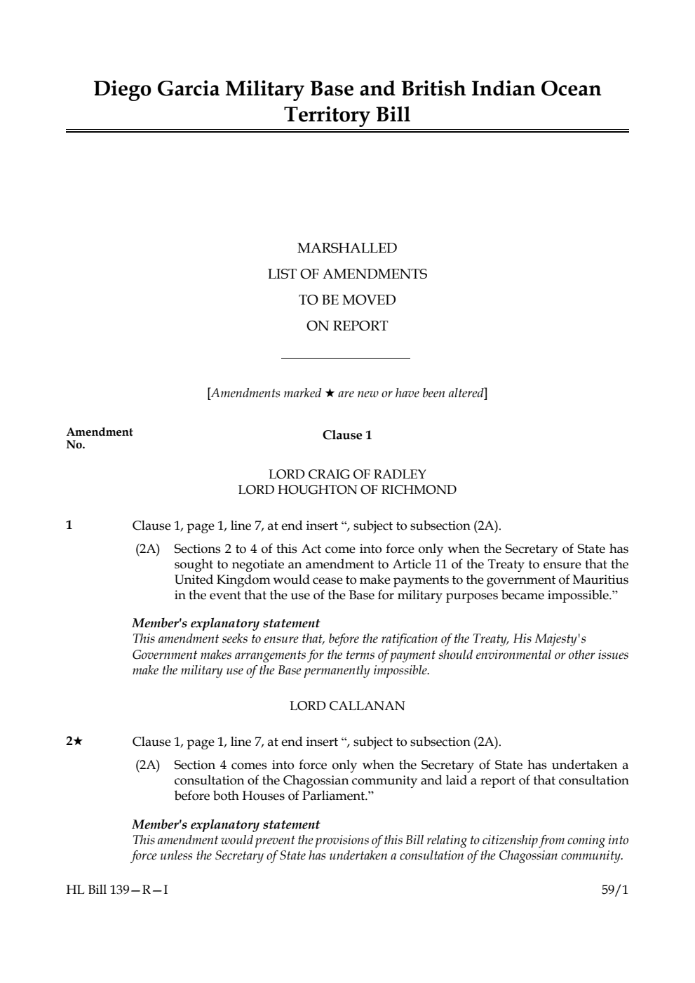 Diego Garcia Military Base and British Indian Ocean Territory Bill Marshalled List of amendments to be moved on report