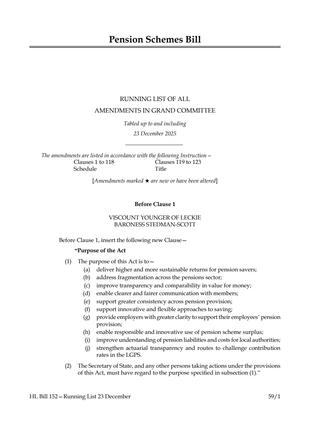 Pension Schemes Bill Running List of all amendments in Grand Committee tabled up to and including 23 December 2025