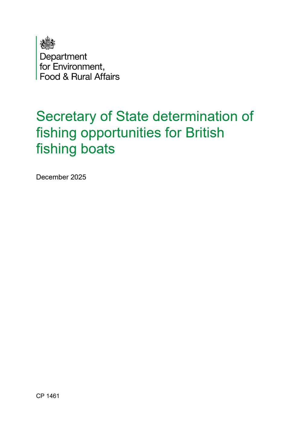 Secretary of State determination of fishing opportunities for British fishing boats. December 2025