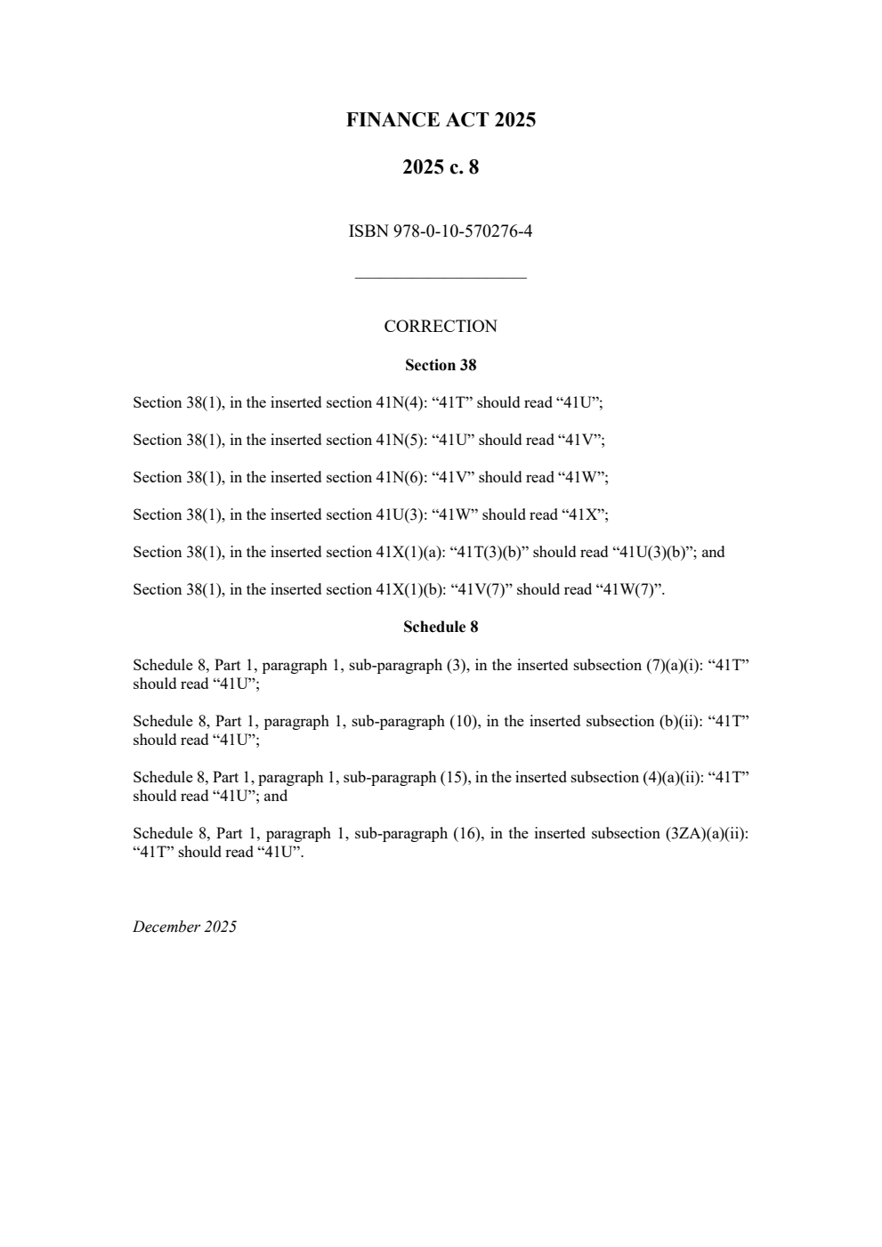 Finance Act 2025: Chapter 8 Correction Slip, December 2025