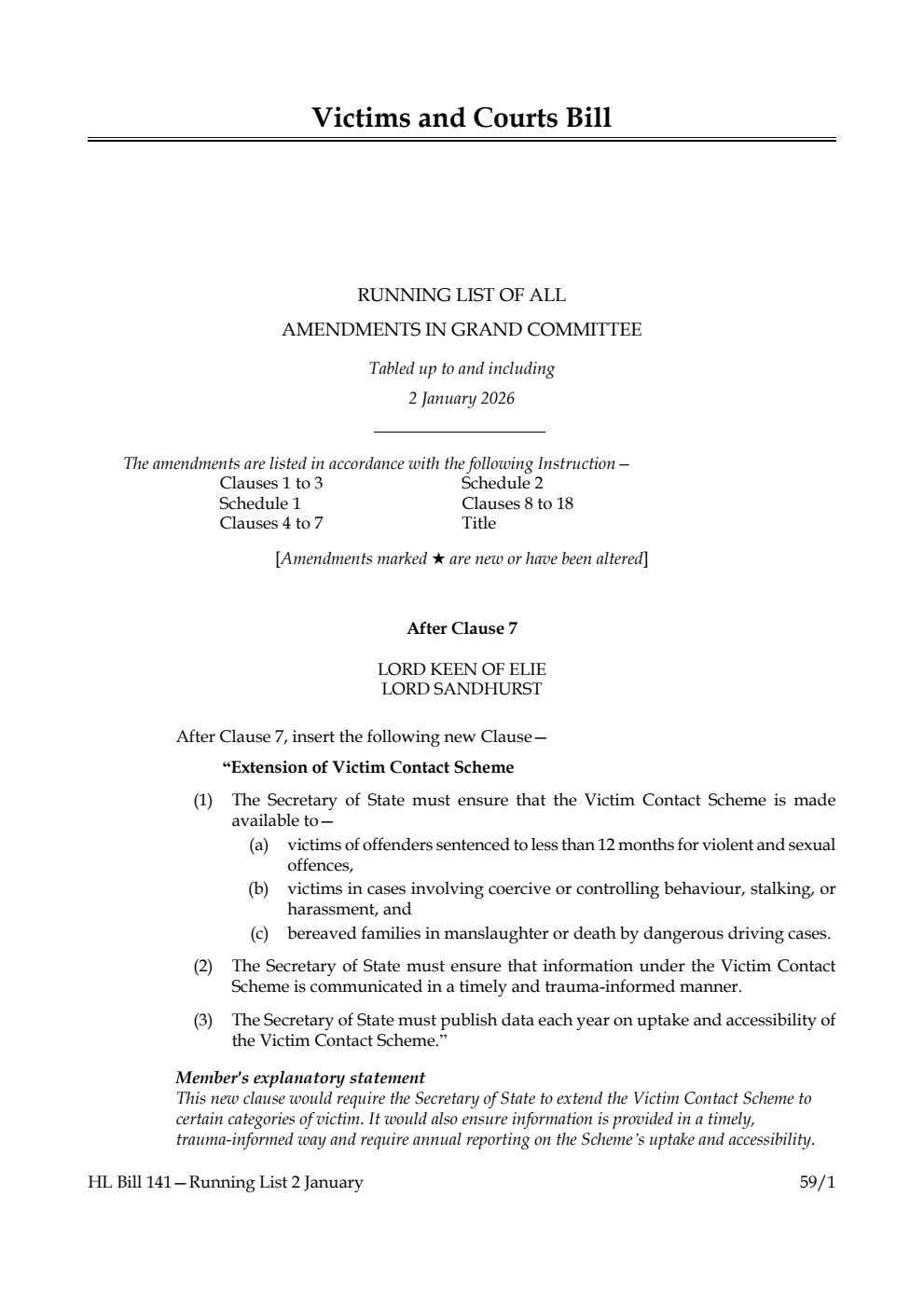Victims and Courts Bill Running List of all amendments in Grand Committee tabled up to and including 2 January 2026