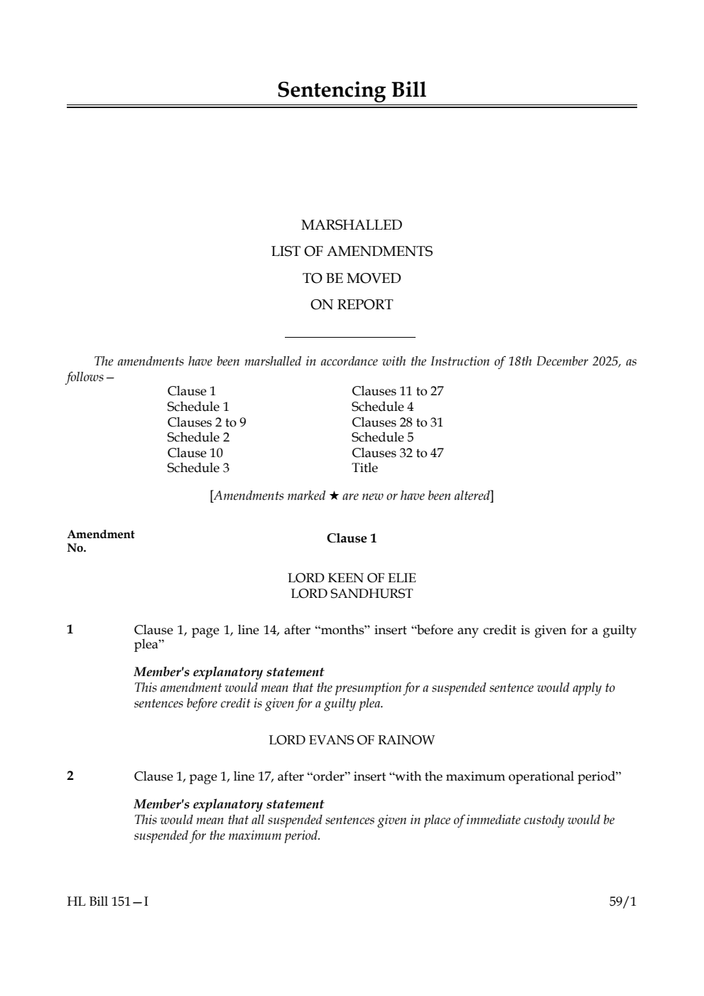 Sentencing Bill Marshalled List of amendments to be moved on report
