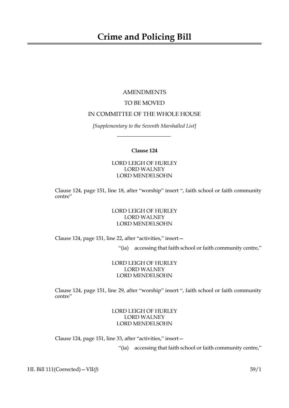 Crime and Policing Bill Amendments to be moved in Committee of the Whole House [Supplementary to the Seventh Marshalled List] 