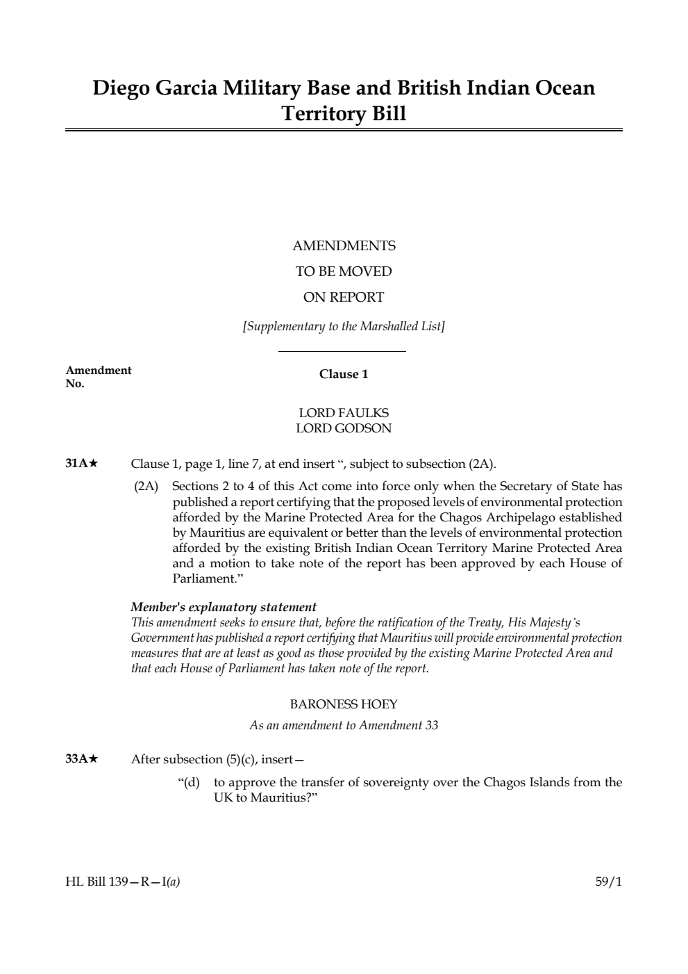 Diego Garcia Military Base and British Indian Ocean Territory Bill Amendments to be moved on report [Supplementary to the Marshalled List]