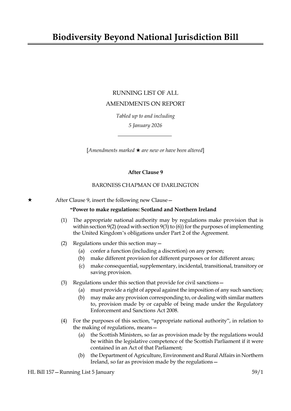 Biodiversity Beyond National Jurisdiction Bill Running List of all amendments on report tabled up to and including 5 January 2026