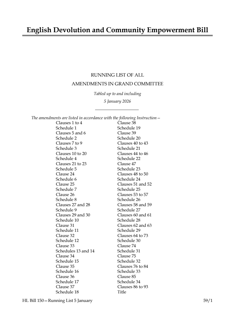English Devolution and Community Empowerment Bill Running List of all amendments in Grand Committee tabled up to and including 5 January 2026