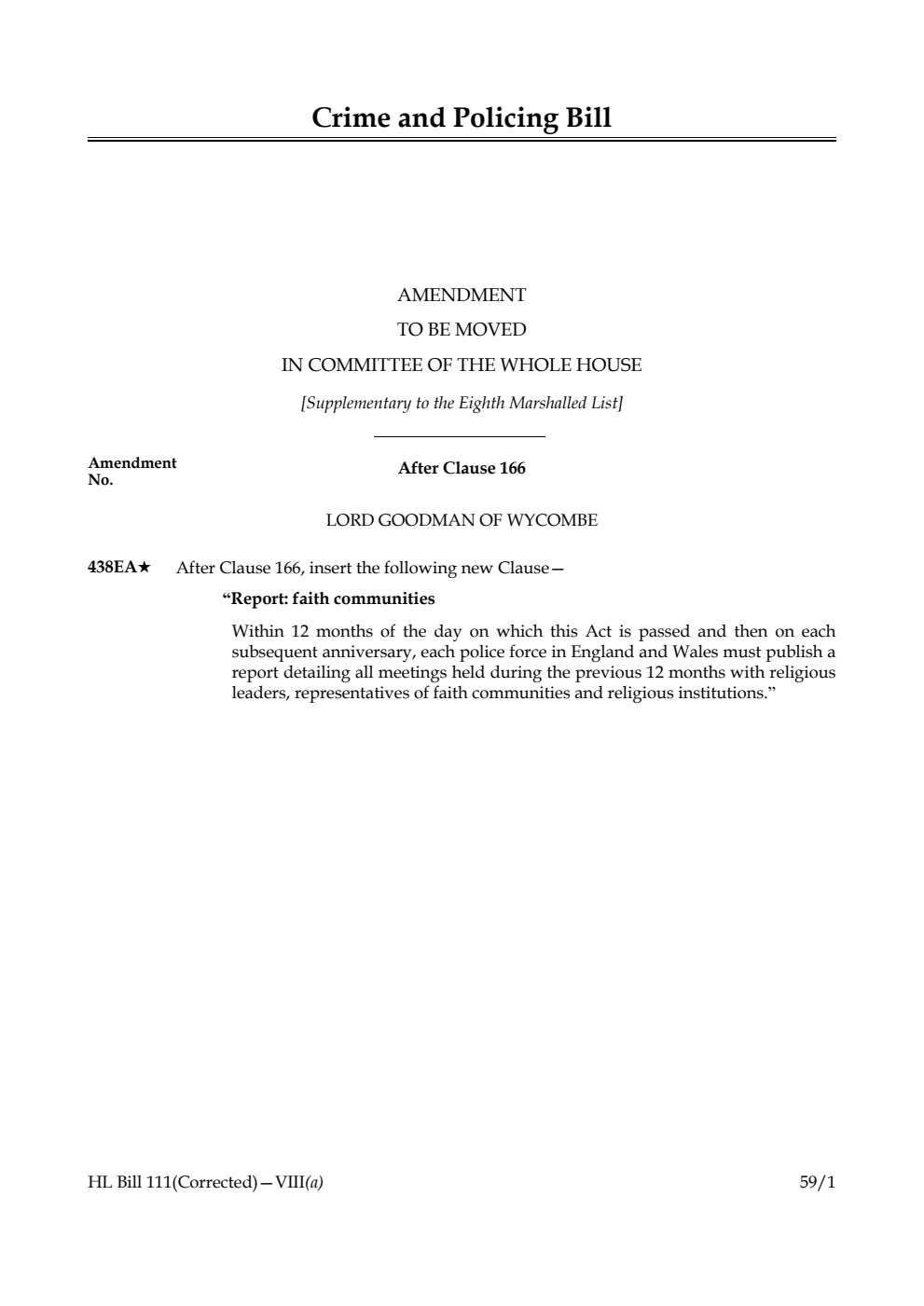 Crime and Policing Bill Amendment to be moved in Committee of the Whole House [Supplementary to the Eighth Marshalled List]