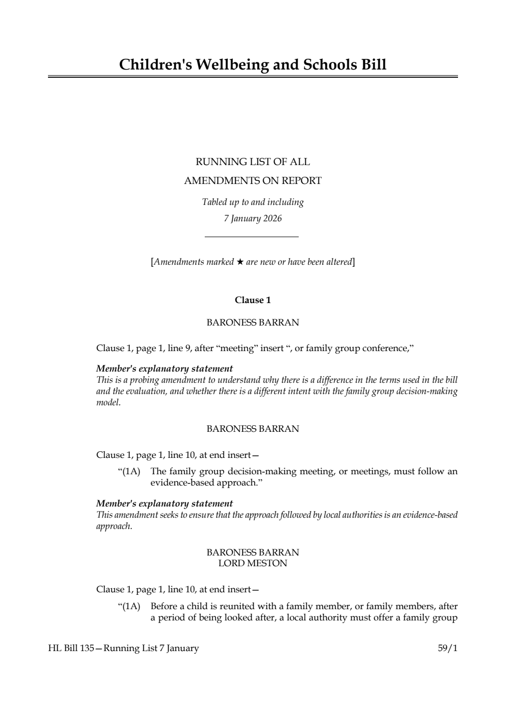 Children's Wellbeing and Schools Bill Running List of all amendments on report tabled up to and including 7 January 2026