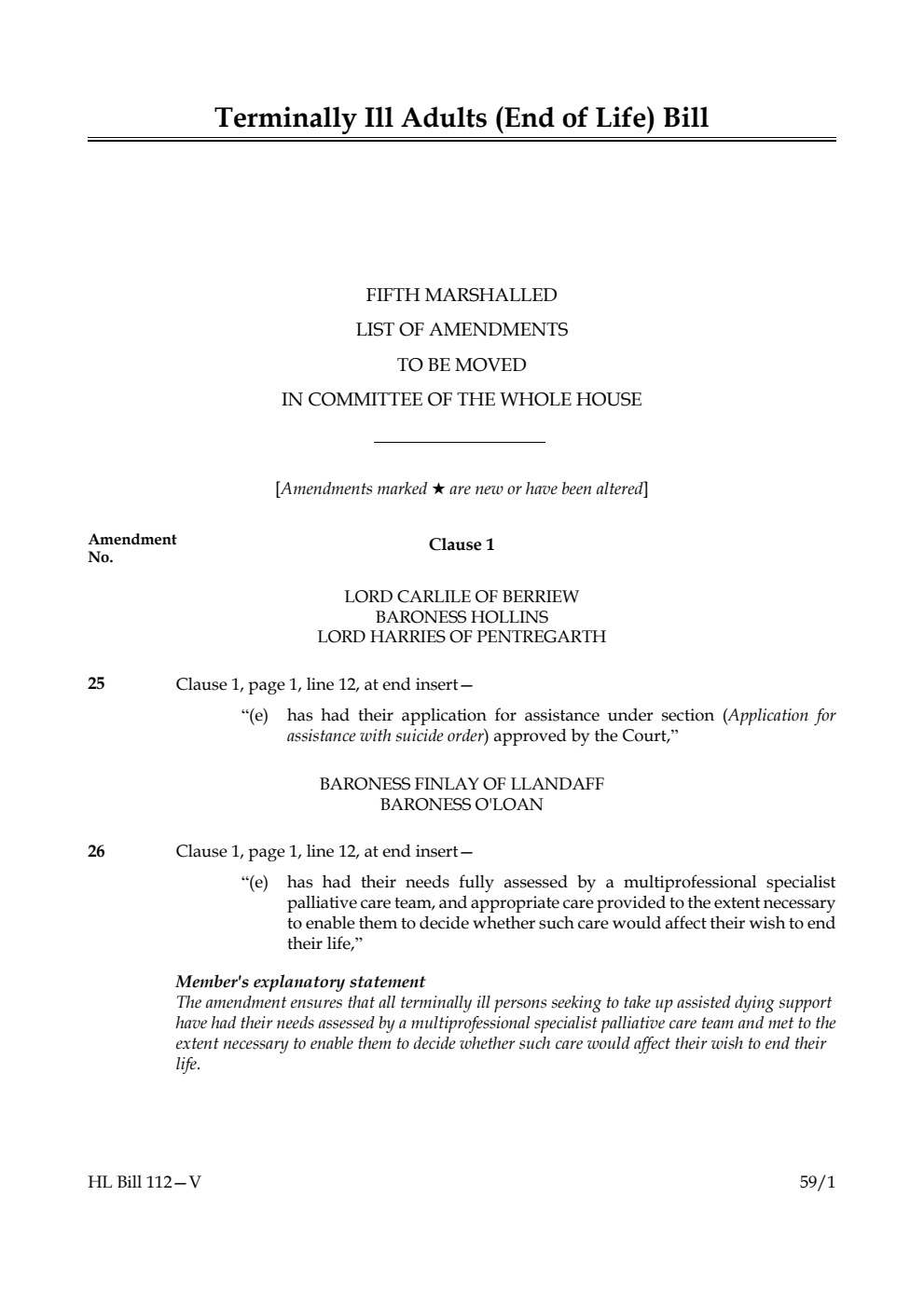Terminally Ill Adults (End of Life) Bill Fifth Marshalled List of amendments to be moved in Committee of the Whole House