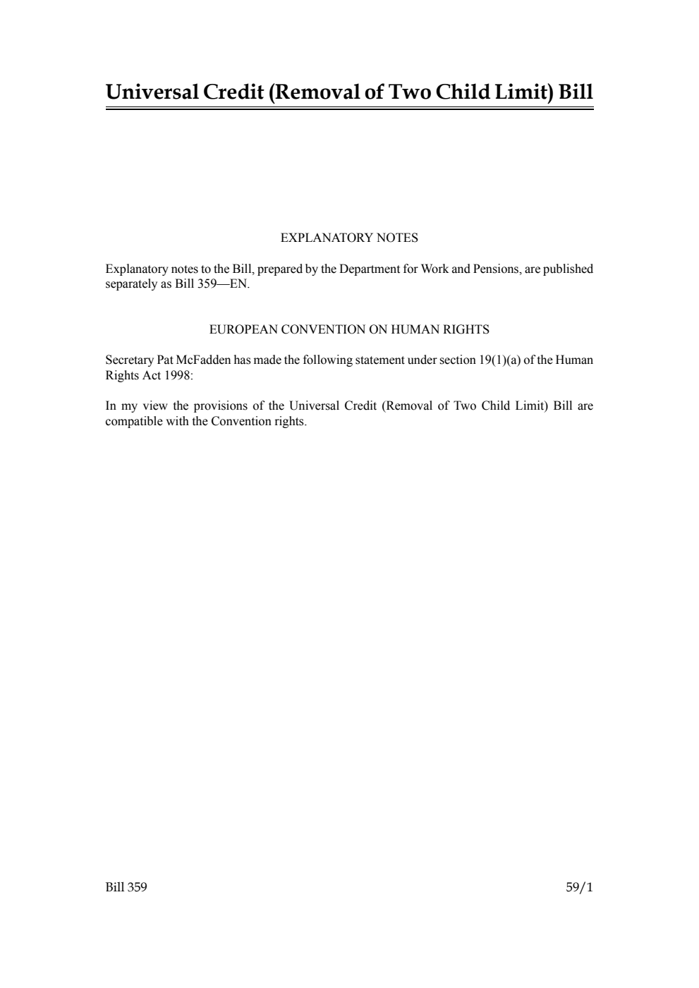 Universal Credit (Removal of Two Child Limit) Bill