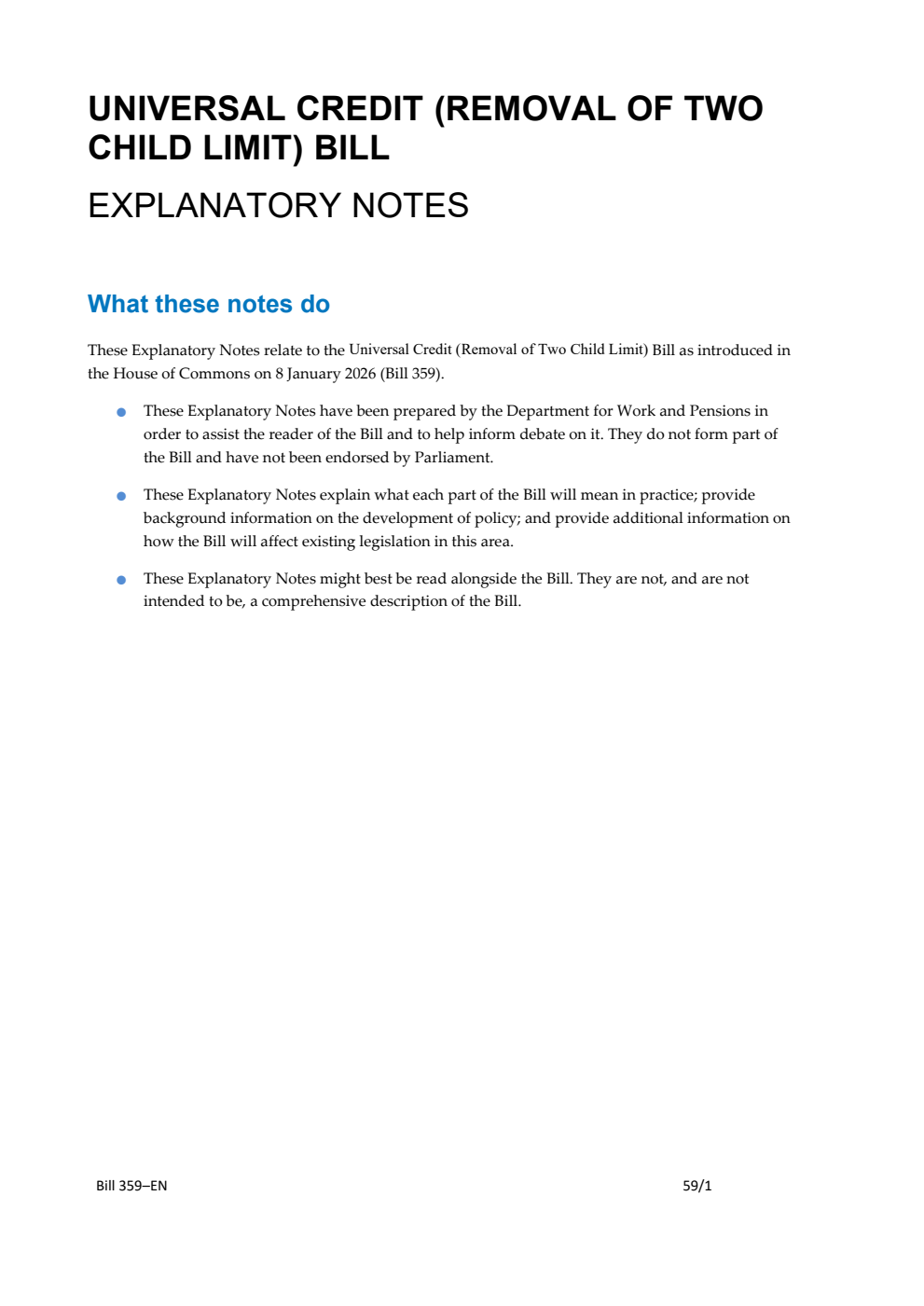 Universal Credit (Removal of Two Child Limit) Bill Explanatory Notes