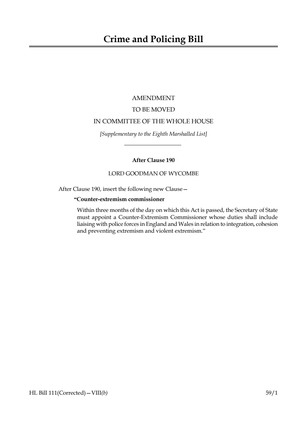 Crime and Policing Bill Amendment to be moved in Committee of the Whole House [Supplementary to the Eighth Marshalled List] 