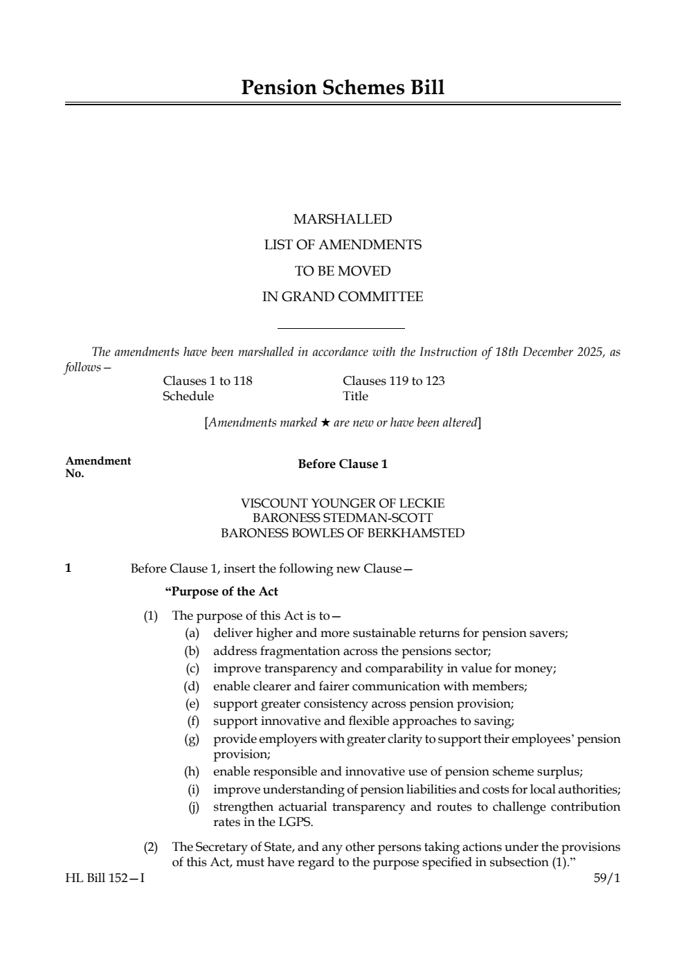 Pension Schemes Bill Marshalled List of amendments to be moved in Grand Committee