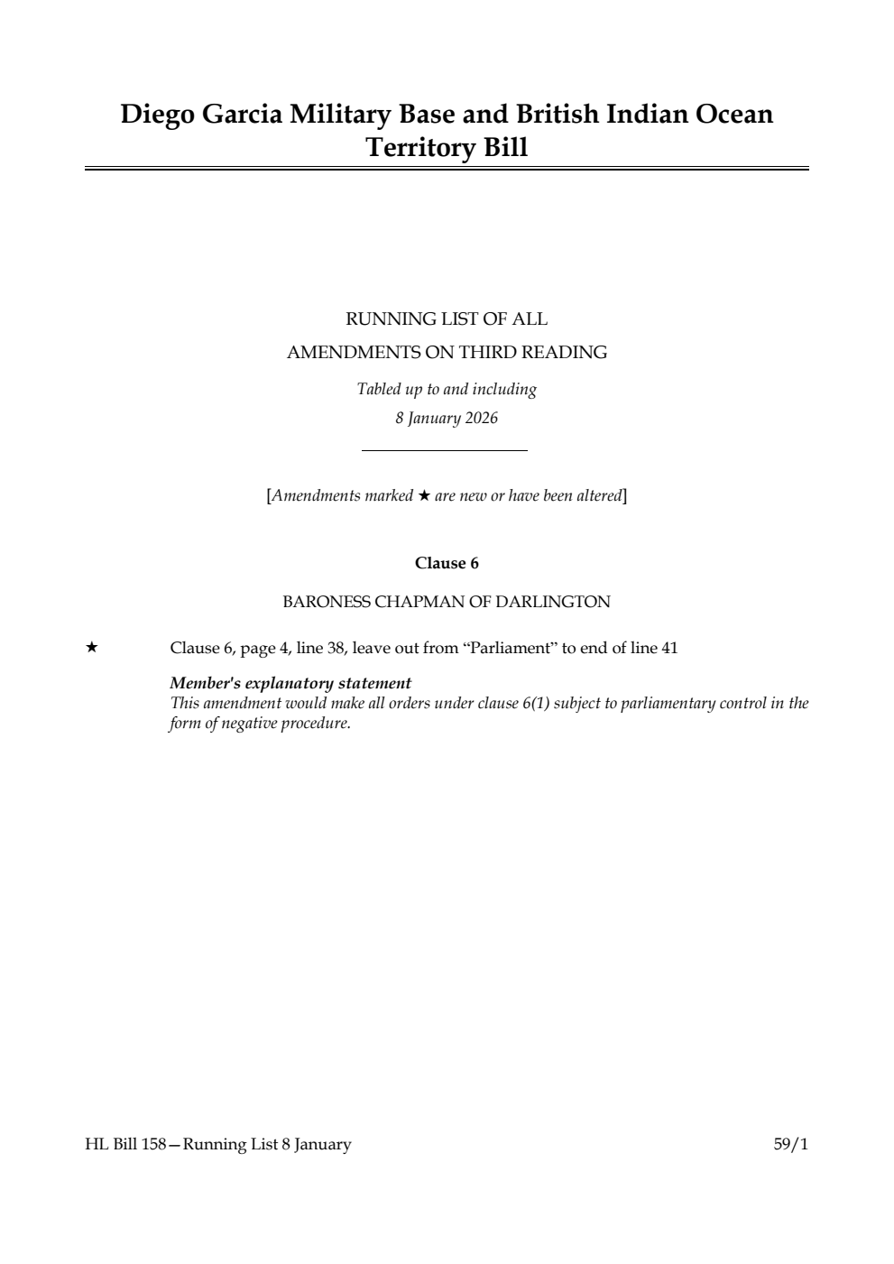 Diego Garcia Military Base and British Indian Ocean Territory Bill Running List of all amendments on third reading tabled up to and including 8 January 2026