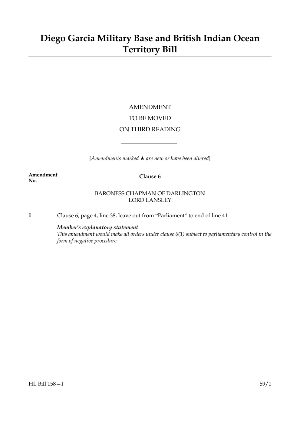 Diego Garcia Military Base and British Indian Ocean Territory Bill Amendment to be moved on third reading