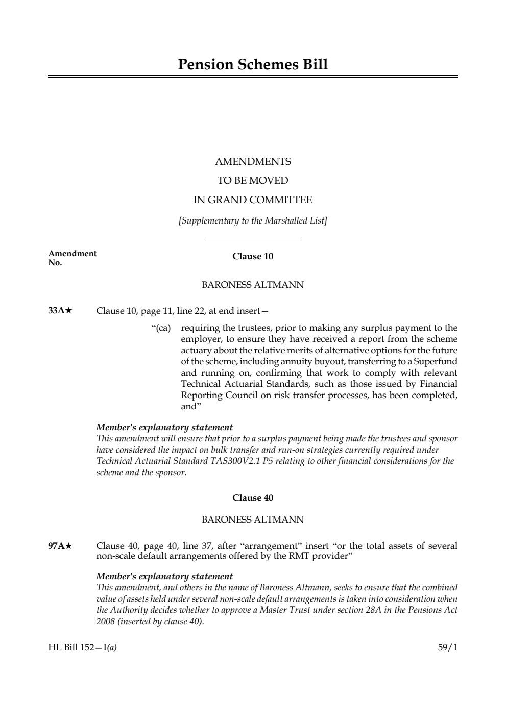 Pension Schemes Bill Amendments to be moved in Grand Committee [Supplementary to the Marshalled List]