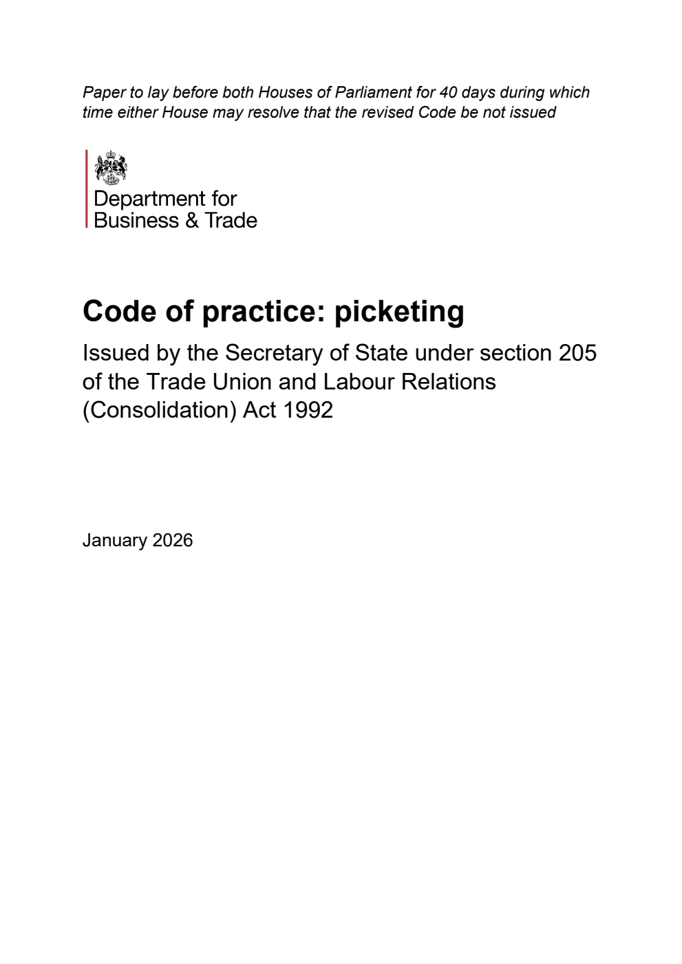 Code of practice: picketing. January 2026