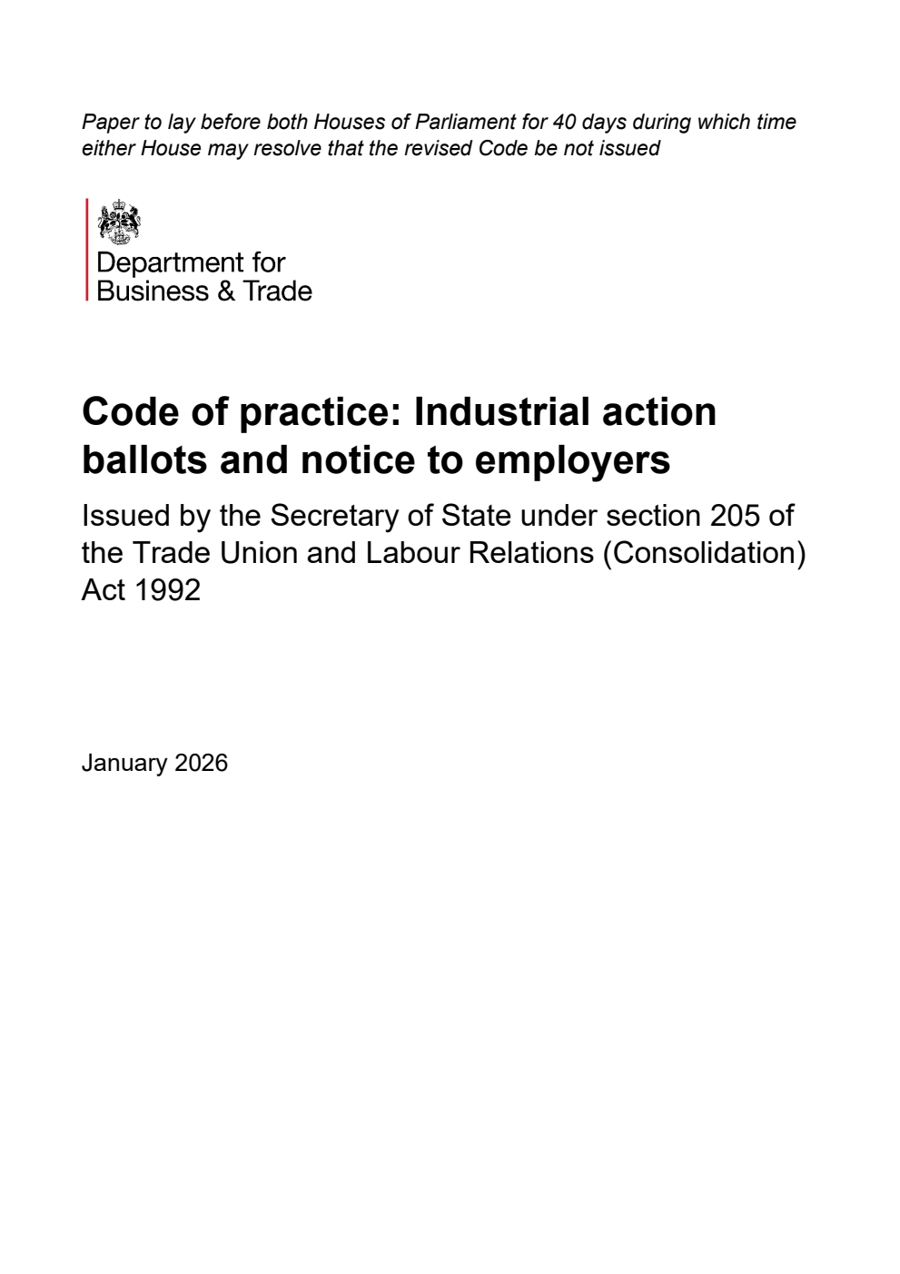 Code of practice: Industrial action ballots and notice to employers. January 2026