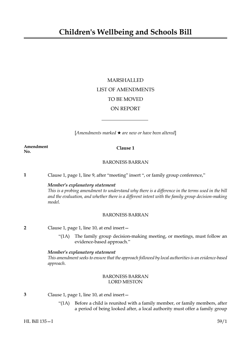 Children's Wellbeing and Schools Bill Marshalled List of amendments to be moved on report