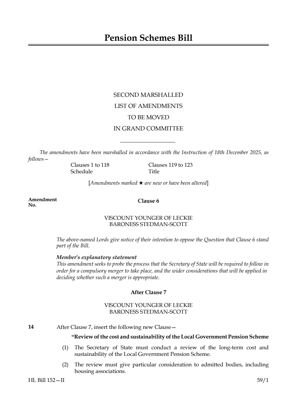 Pension Schemes Bill Second Marshalled List of amendments to be moved in Grand Committee