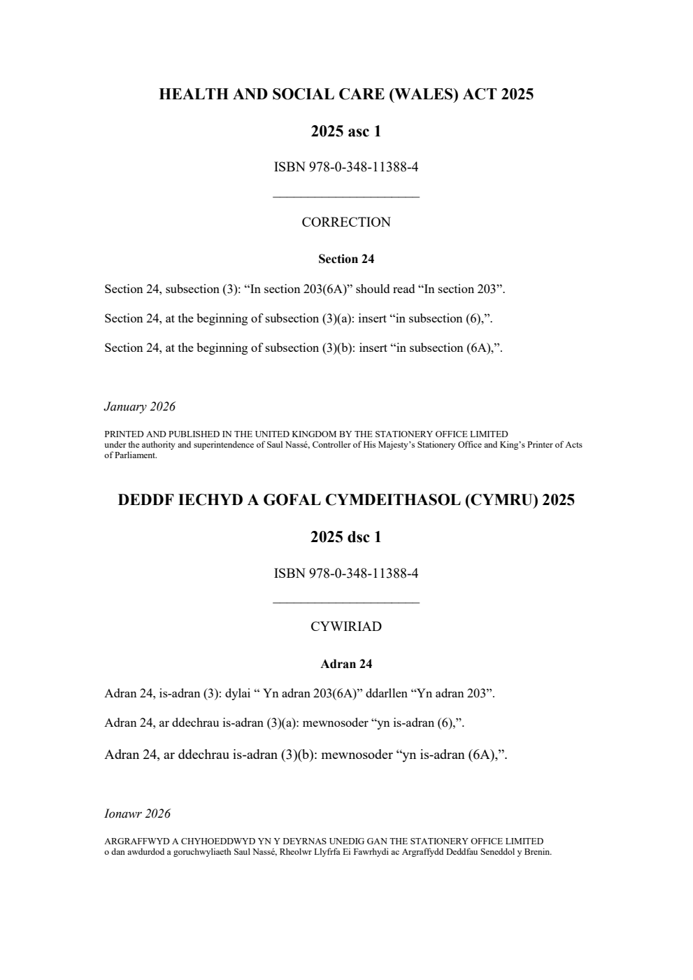 Health and Social Care (Wales) Act 2025: asc 1. Correction Slip, January 2026