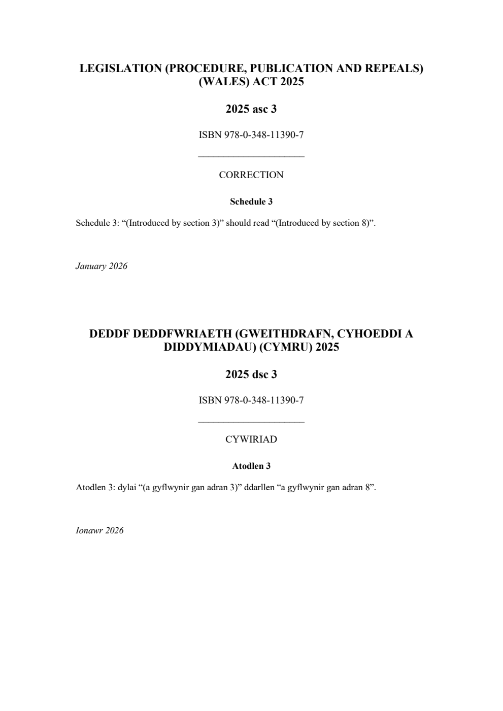Legislation (Procedure, Publication and Repeals) (Wales) Act 2025: asc 3. Correction Slip, January 2026