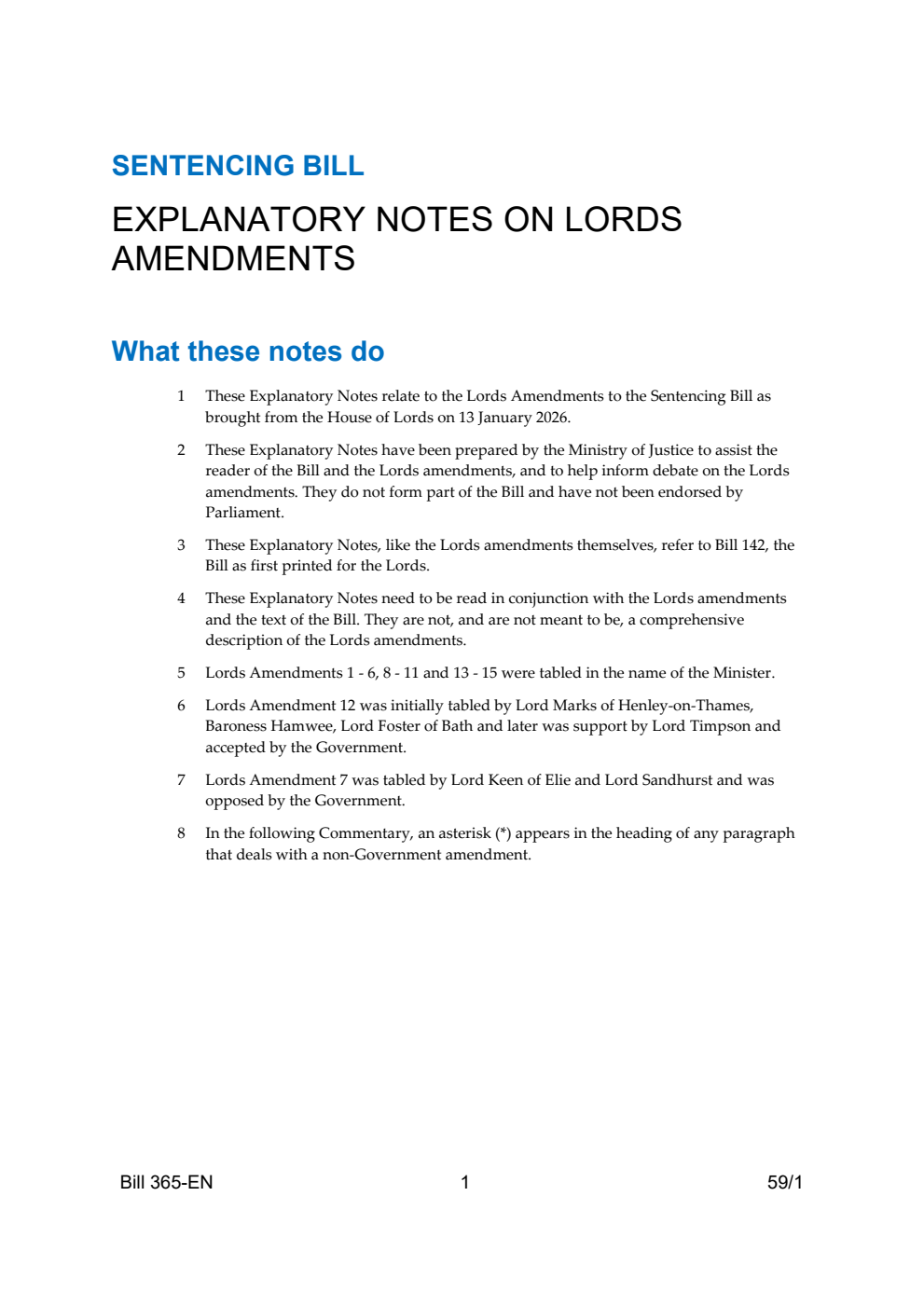 Sentencing Bill Explanatory Notes on Lords Amendments