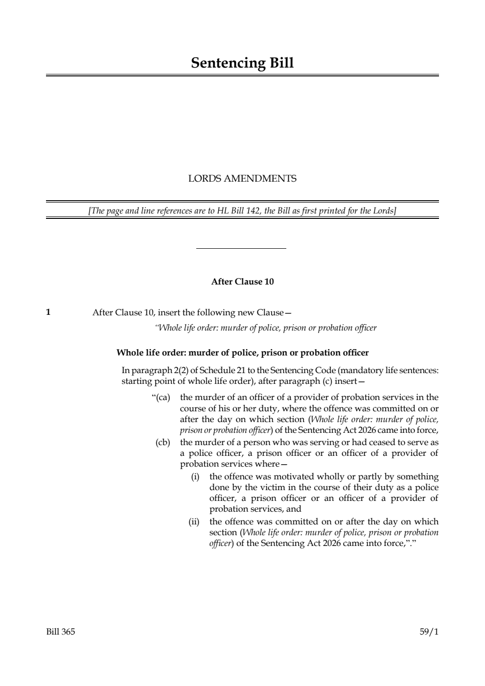 Sentencing Bill Lords amendments