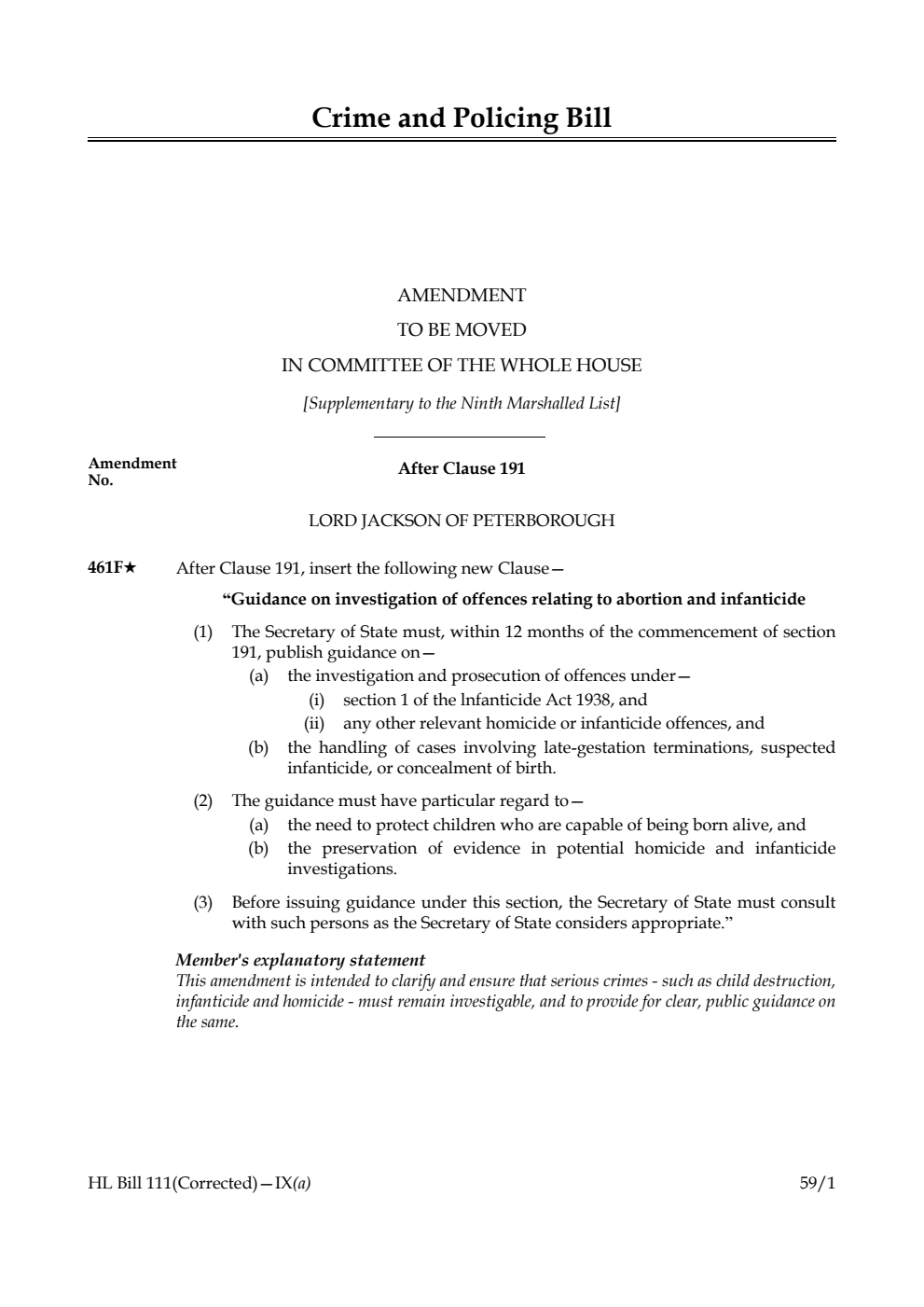 Crime and Policing Bill Amendment to be moved in Committee of the Whole House [Supplementary to the Ninth Marshalled List] 