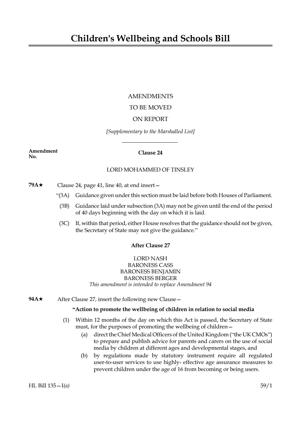 Children's Wellbeing and Schools Bill Amendments to be moved on report [Supplementary to the Marshalled List] 